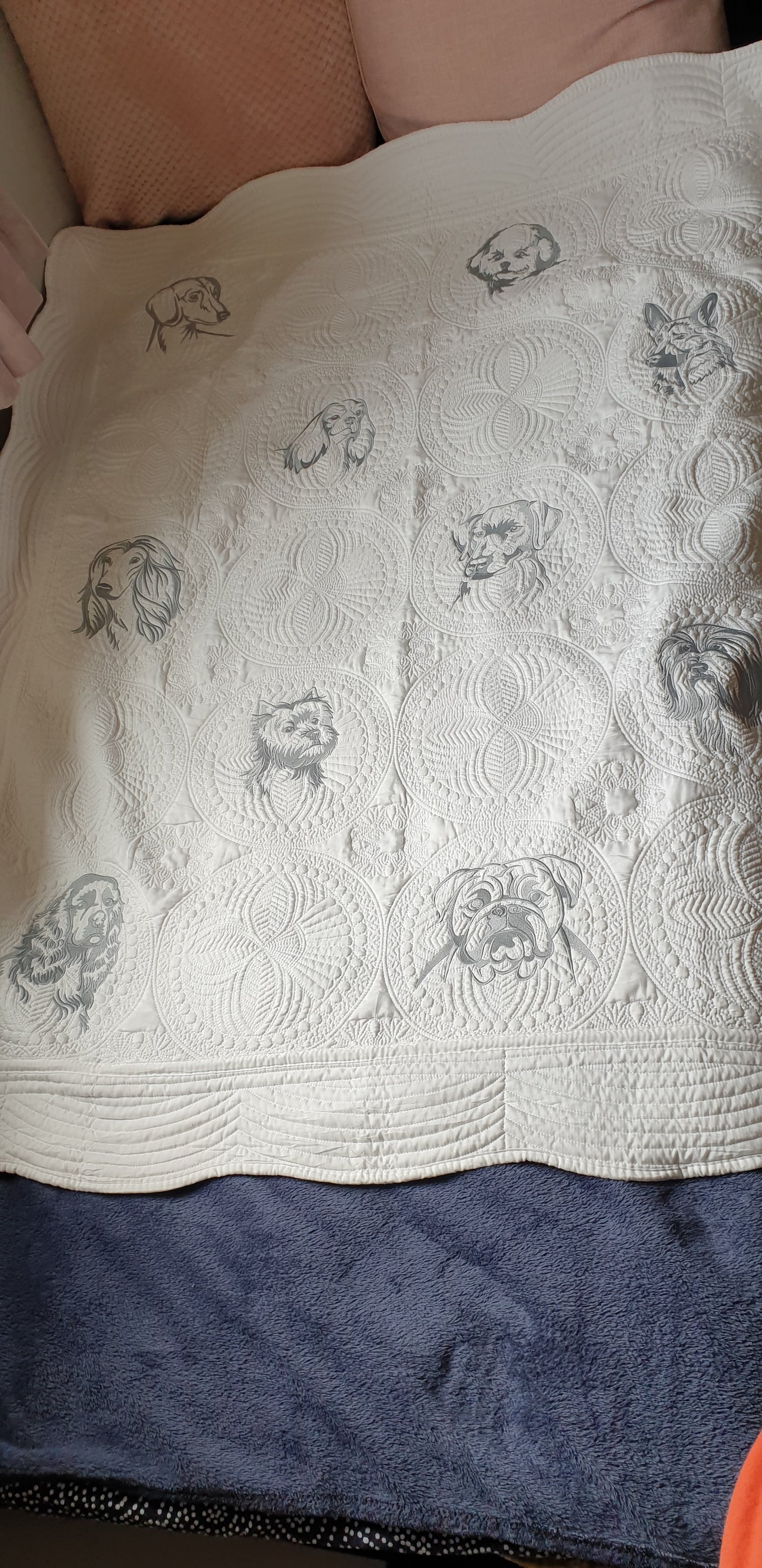 Embroidered quilt, grey embroidery, dog breeds large