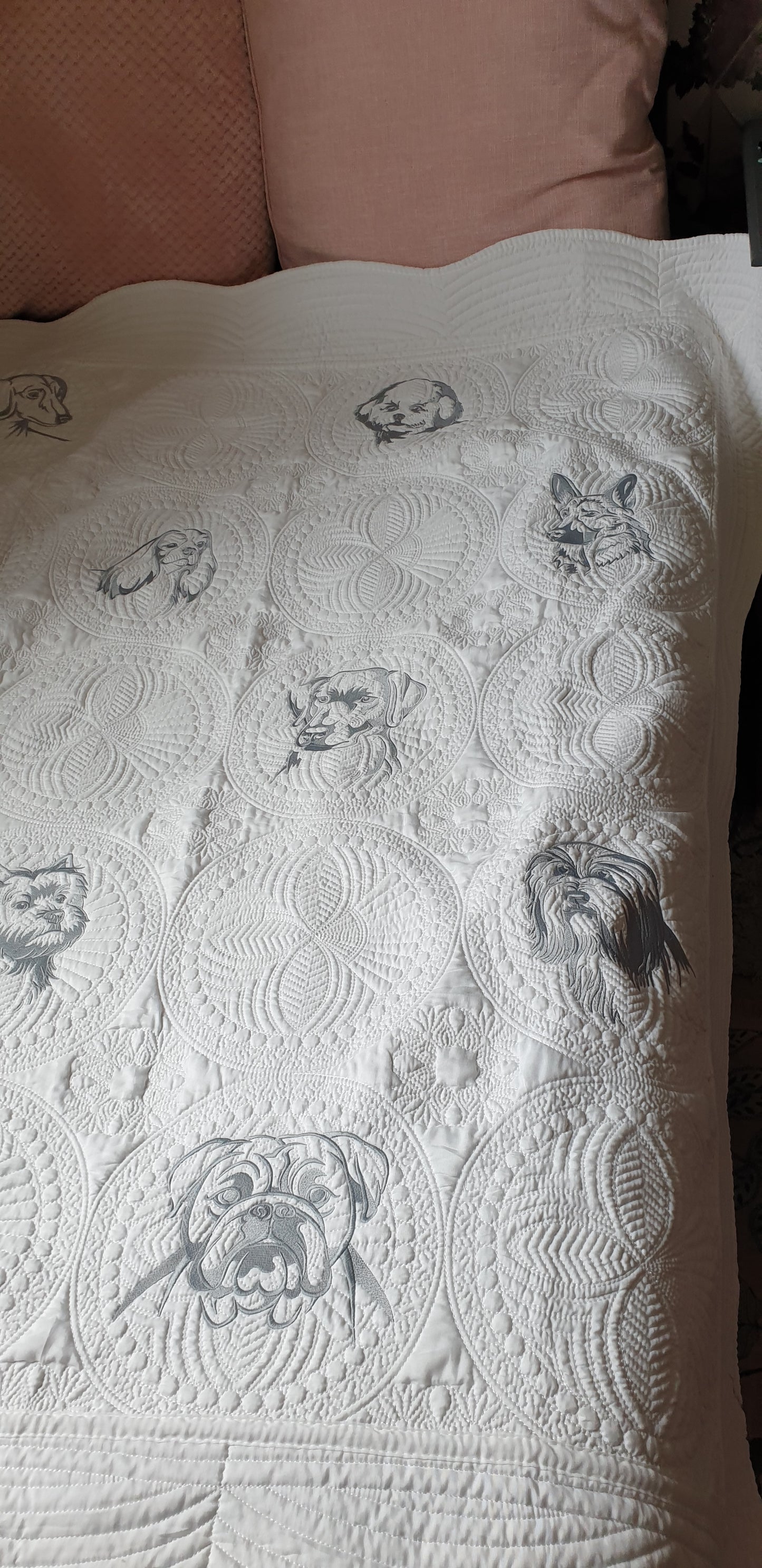 Embroidered quilt, grey embroidery, dog breeds large