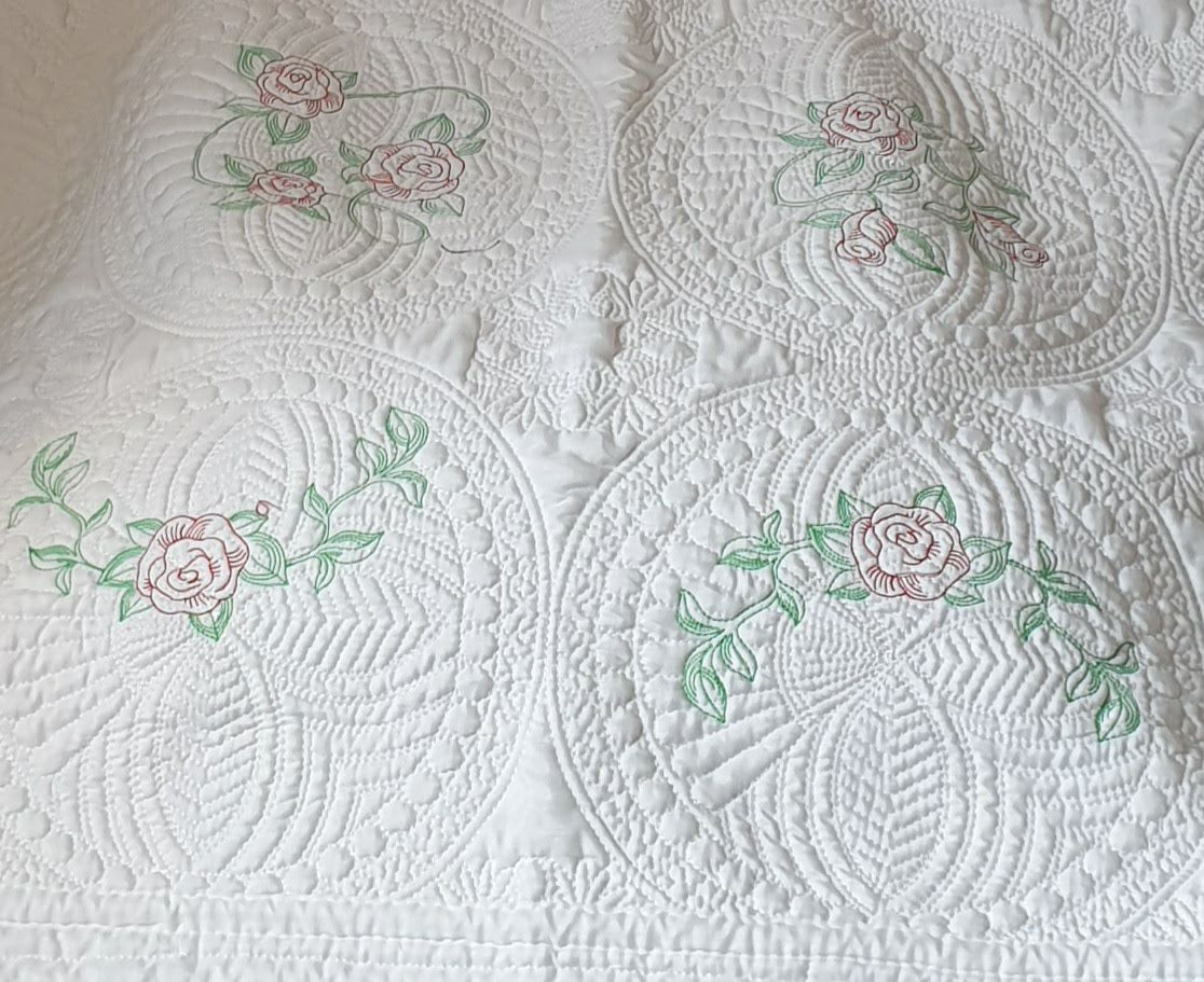 White cotton heirloom quilt roses large