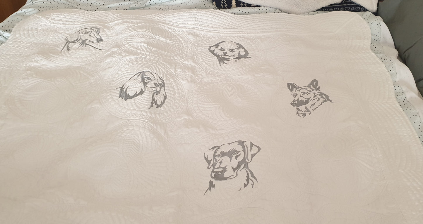 Embroidered quilt, grey embroidery, dog breeds large