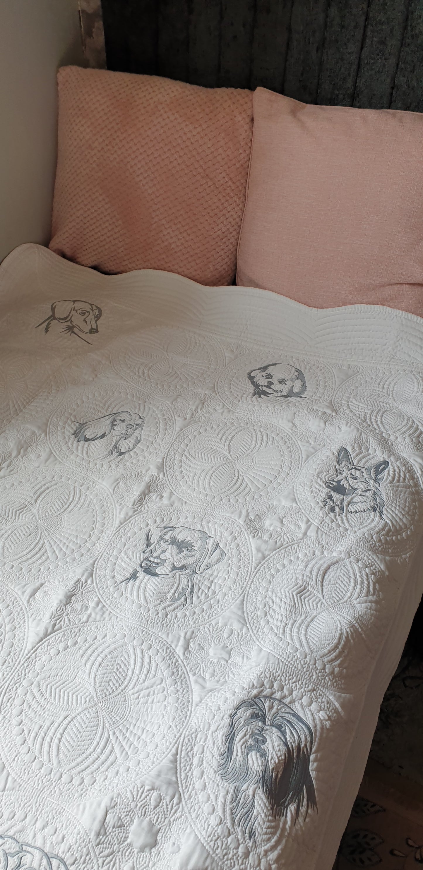 Embroidered quilt, grey embroidery, dog breeds large