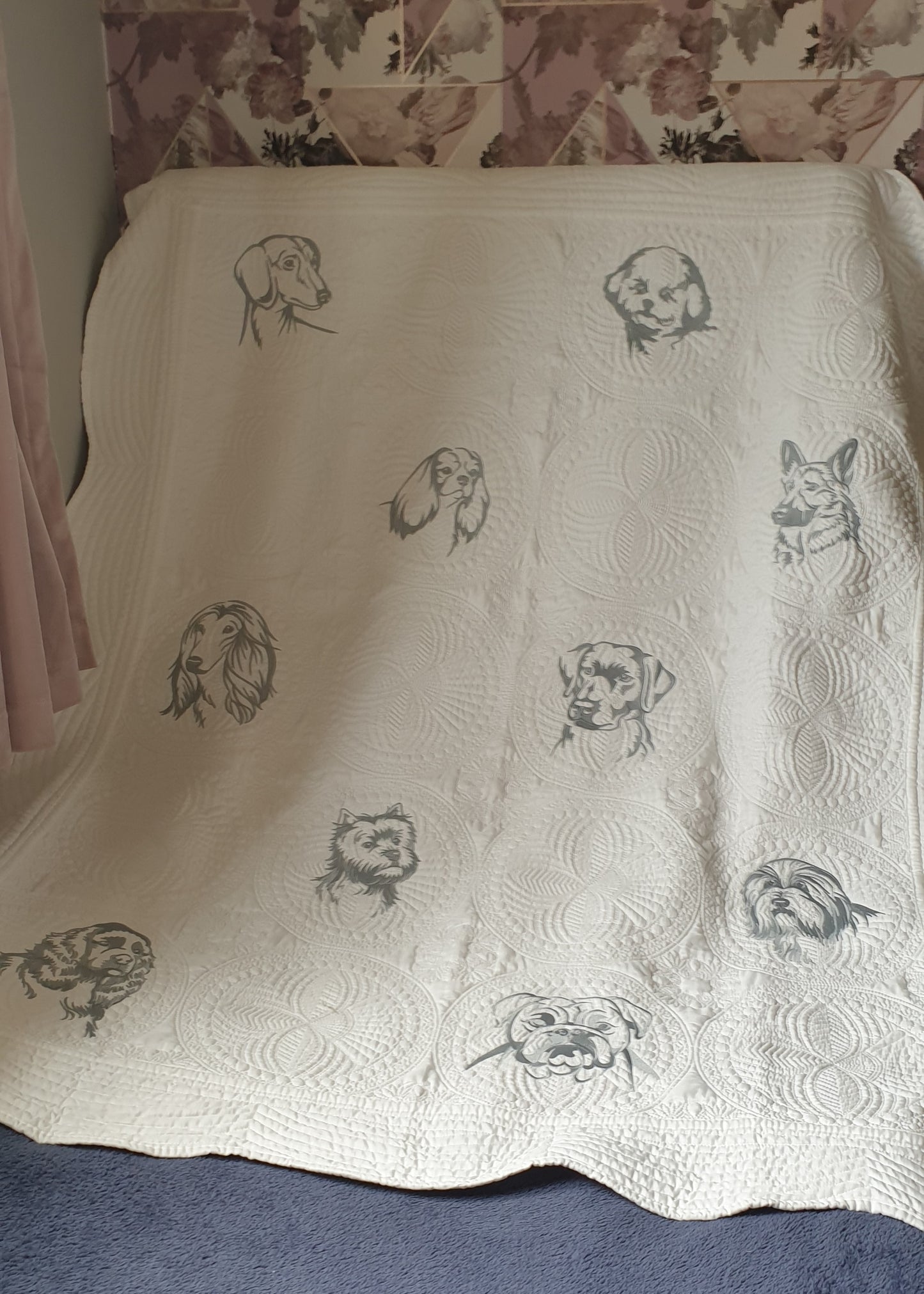 Embroidered quilt, grey embroidery, dog breeds large