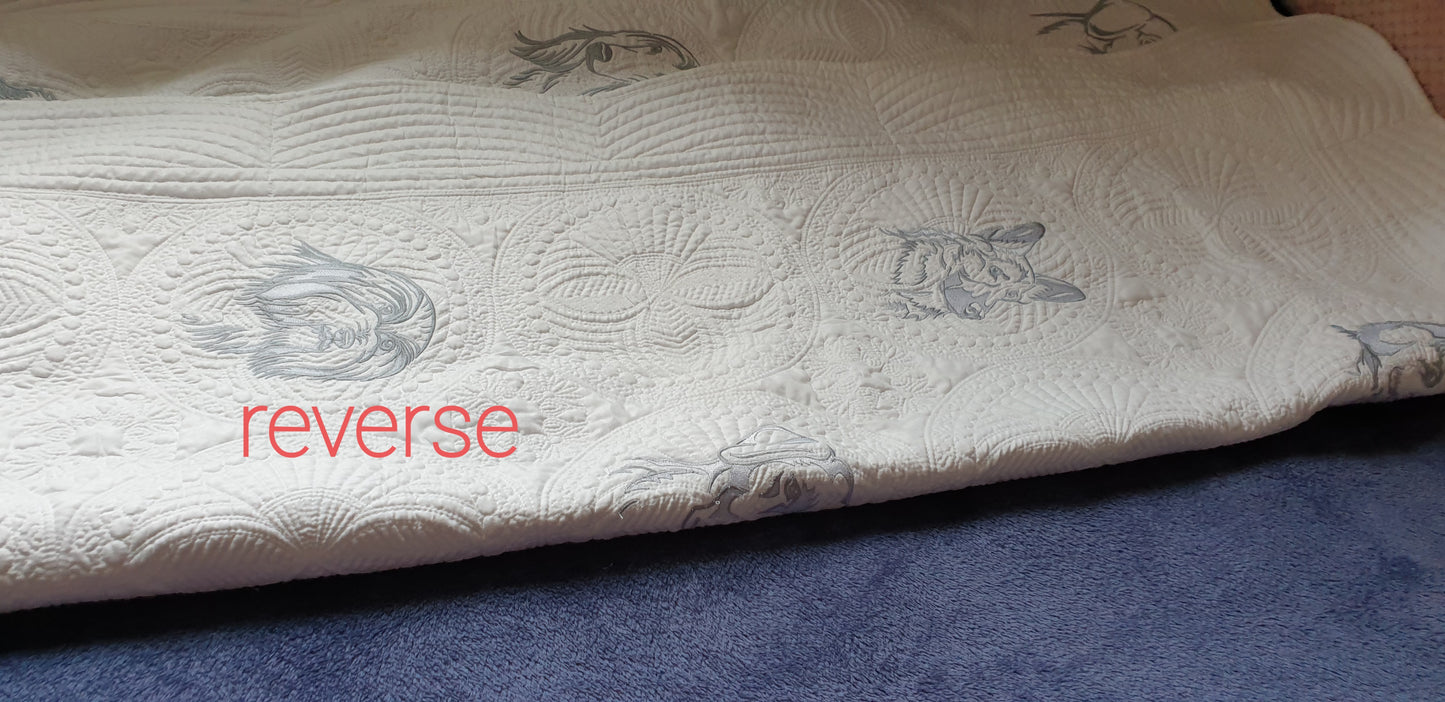 Embroidered quilt, grey embroidery, dog breeds large