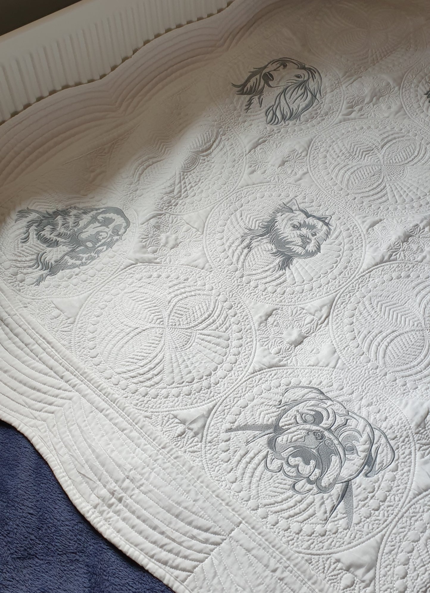 Embroidered quilt, grey embroidery, dog breeds large