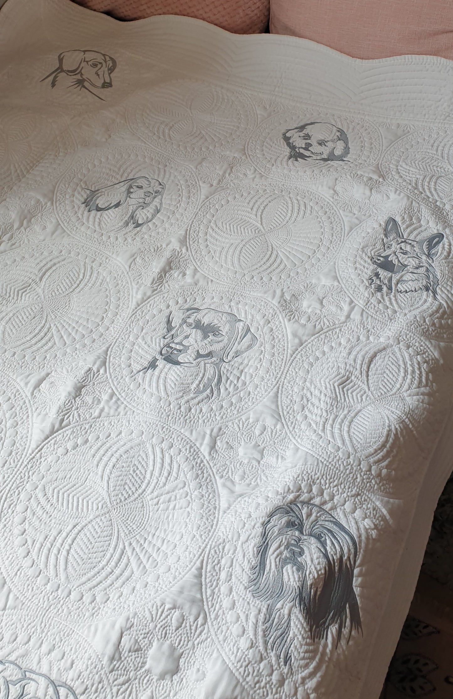 Embroidered quilt, grey embroidery, dog breeds large