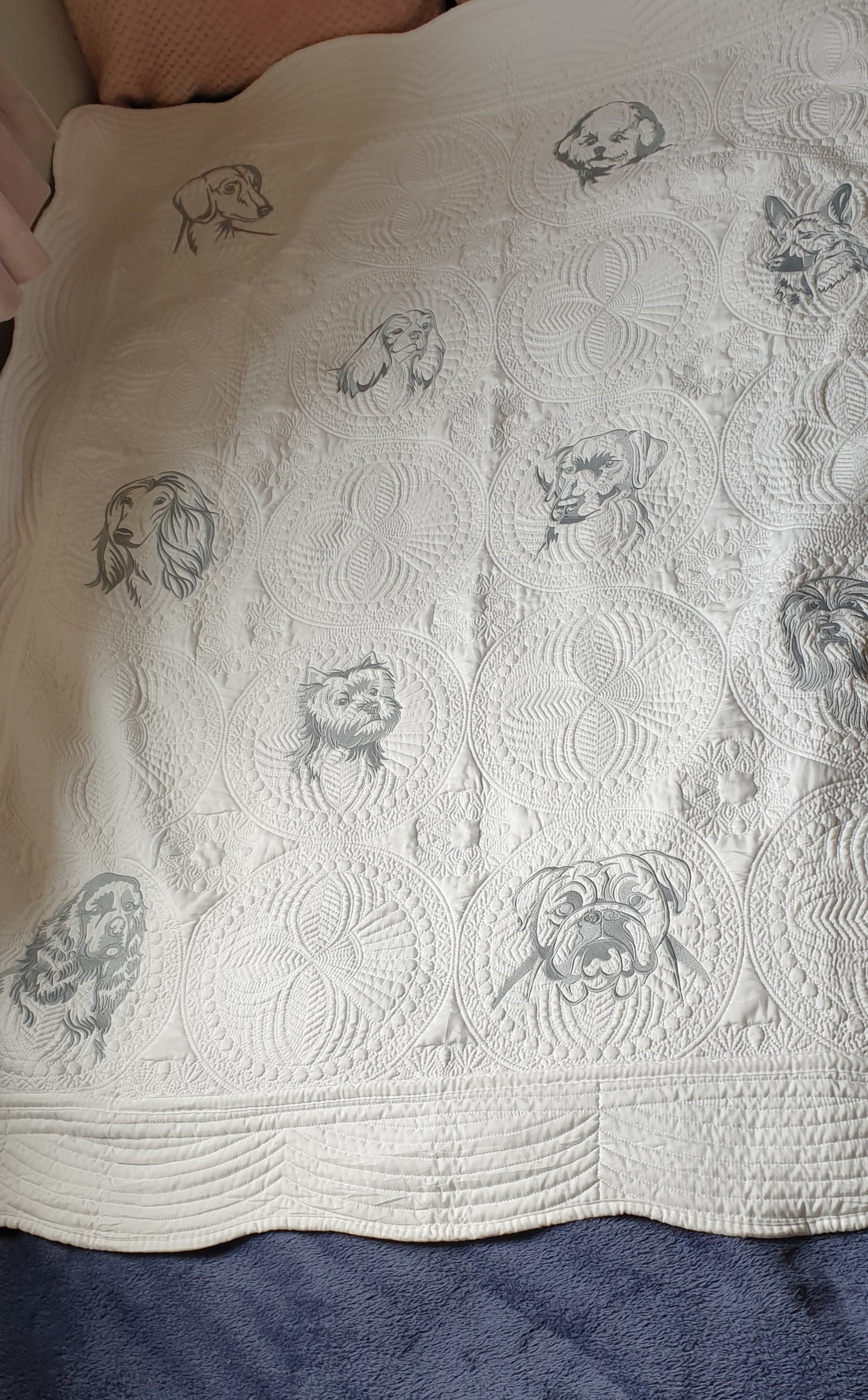 Embroidered quilt, grey embroidery, dog breeds large